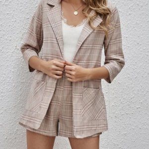 Button Plaid Blazer With Shorts SHEIN M